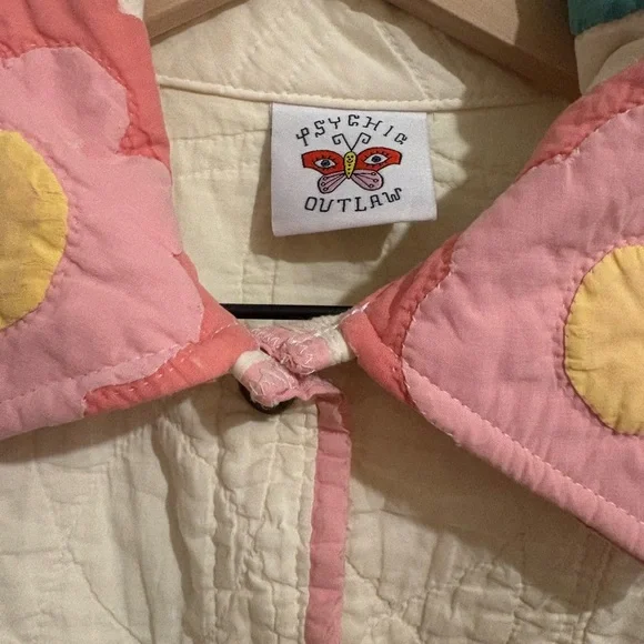 Psychic Outlaw Handmade Quilted Floral Cropped Jacket in Cream, Pink & Green - Picture 2 of 5